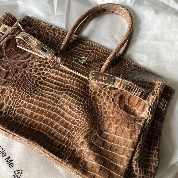 Vintage Vera Pelle Leather Belted Strap & Lock Closure Croc Style Large Bag - Picture 2 of 7